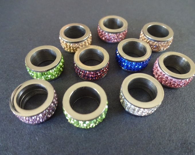 5 PACK OF 13x6mm Stainless Steel & Polymer Clay Round Beads, Silver Metal and Mixed Color Sparkly Rhinestones, European Beads, 8mm Holes
