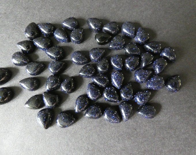8x6mm Blue Goldstone Cabochon, Synthetic Teardrop Gemstone Cabochon, Dark Blue Stone, Polished Gem, Glittery Flecks, Sparkly Stone Cab