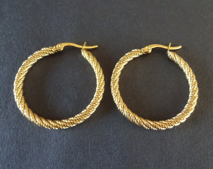 Stainless Steel Gold Rope Hoop Earrings, Hypoallergenic, Vacuum Plated, Round Shape, Twisted Hoops, Set Of Gold Earrings, 34mm, Gold Hoop