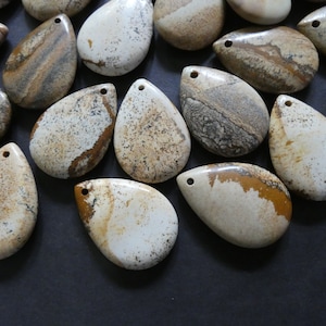 36mm Natural Picture Jasper Teardrop Pendant, Drilled Gemstone Charm, Beautiful Polished Gem, Neutral Jasper Stone Jewelry, 2mm Hole