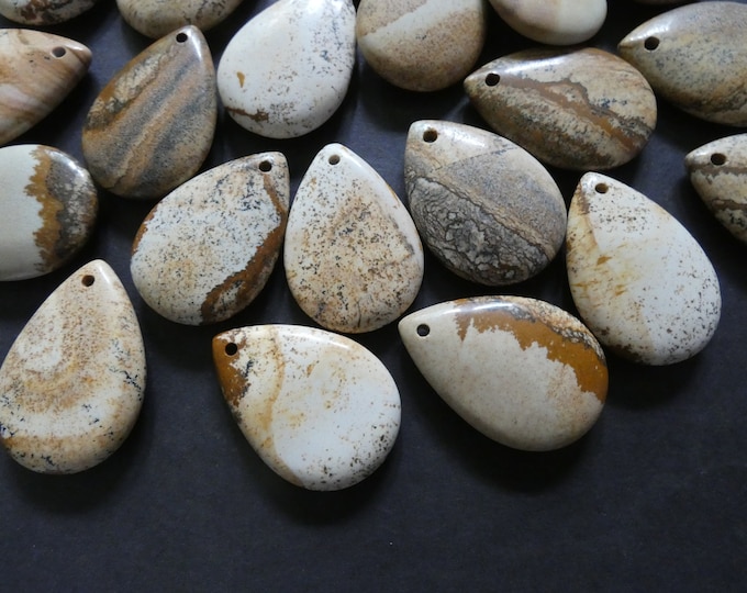 36mm Natural Picture Jasper Teardrop Pendant, Drilled Gemstone Charm, Beautiful Polished Gem, Neutral Jasper Stone Jewelry, 2mm Hole