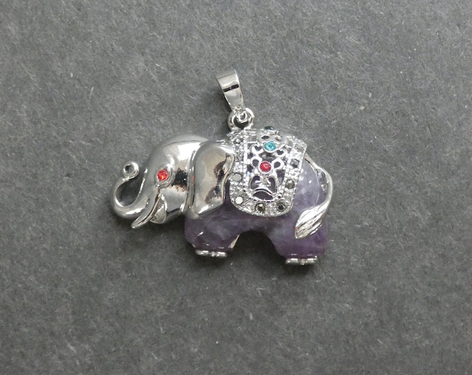 25.5x36.5x10mm Natural Amethyst Pendant with Rhinestones and Brass Findings, Elephant Pendant,One of a Kind, Purple Stone,Only One Available