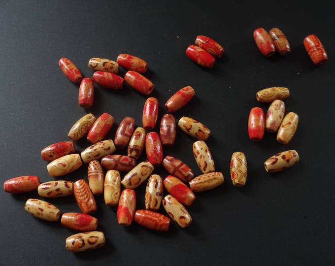 15x7mm Printed Wood Oval Beads, Designed Oval Wooden Beads, Beige and Red, Mixed Wooden Beads, Long Wood Spacer Bead, Intricate Tribal Theme