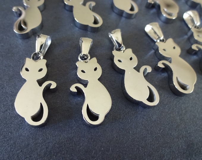22mm 304 Stainless Steel Silver Cat Charm, With Loop, Silver Cat Pendant, Halloween Pendant, Minimalist Cat Jewelry Charm, Jewelry Charm