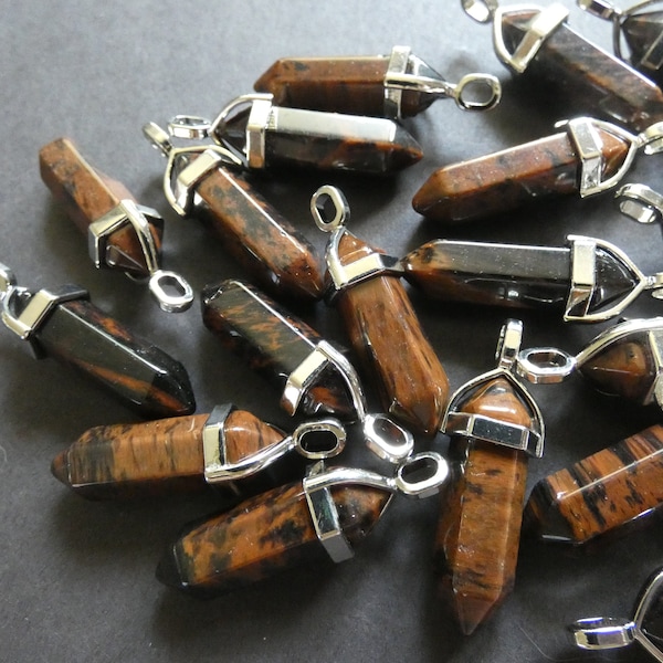 36-40mm Natural Mahogany Obsidian Pendant With Brass, Faceted, Bullet Shaped, Polished Gem, Gemstone Jewelry Pendant, Brown & Silver Metal