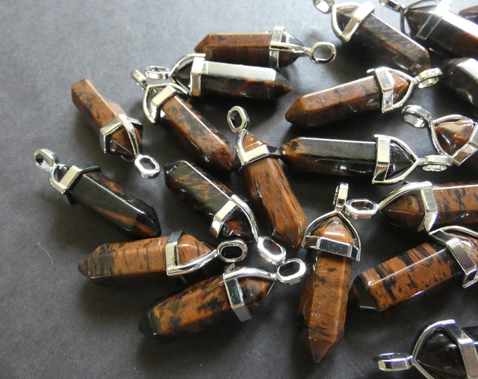 36-40mm Natural Mahogany Obsidian Pendant With Brass, Faceted, Bullet Shaped, Polished Gem, Gemstone Jewelry Pendant, Brown & Silver Metal