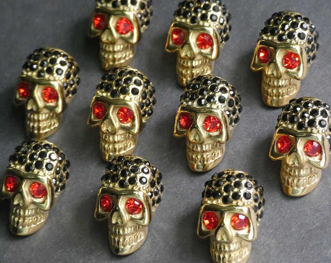 21.5x13mm Stainless Steel & Rhinestone Skull Bead, Gold Color Skull Bead, Sparkly Red and Black Rhinestones, Skull Jewelry, Halloween Beads