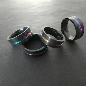 316L Stainless Steel Gunmetal & Rainbow Ring, Handcrafted Steel Band, Silver and Colorful Metallic Band, Metal Ring, Simple Wedding Band