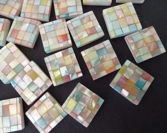 14x15mm Natural Abalone and Paua Shell Cabochon With Resin Bottom, Square Shape, Polished Gem, Square Cab, Mosaic Pattern