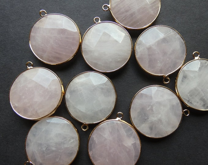 35.5mm Natural Rose Quartz Pendant With Brass Metal, Faceted Pendant, Large Charm, Polished Gemstone Jewelry, Light Pink Quartz, Stone Charm