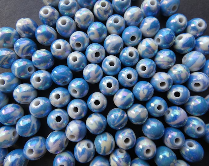 50 Pack 10mm Spray Painted Acrylic Beads, 10mm Round Bead, Pearlized, Blue and White, 2mm Hole, Drawbench Style, Value Pack Of Ball Beads