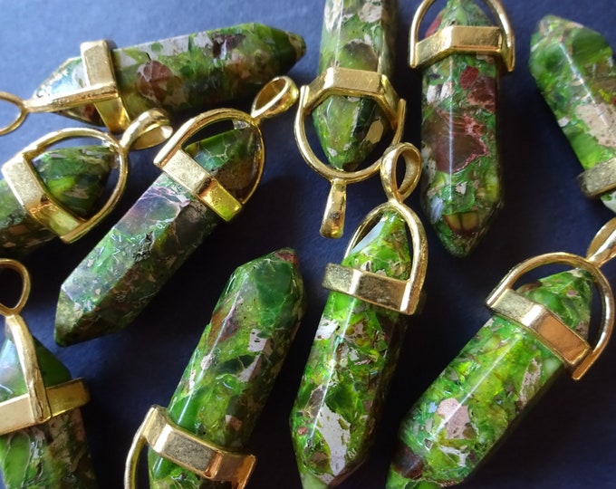 40-41mm Green Regalite Bullet Pendant With Golden Brass Loop, Synthetic Dyed Stone, Faceted Bullet, Polished, Regalite Pendant, Stone Charm