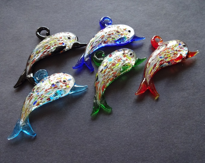 2 Pack Glass Dolphin Pendants, 2 Dichroic Pendants, 60x34mm, Mixed Variety, Multicolor Glass Focal, Handcrafted, Glitter Glass Pendant