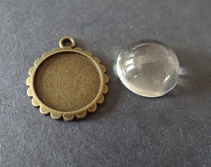 16mm Alloy Metal Round Setting with Glass Dome, Bronze Color, 23.4x20mm Overall Size, Flat Round, Metal Setting, Fits 16mm Round Cab