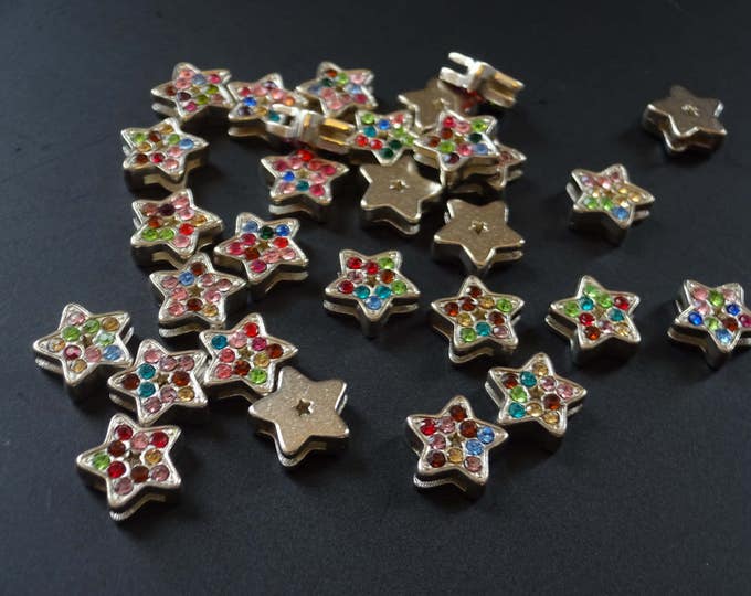 12mm Metal and Rhinestone Star Slide Charm, Mixed Color Rhinestones, Metal Star Beads, Star Charm, Multicolor Star Focal, Rhinestone Charms