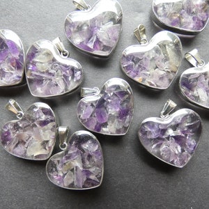21mm Natural Amethyst & 304 Stainless Steel Pendant With Glass, Heart Charm, Polished, Gemstone Jewelry Pendant, Purple and Silver Metal