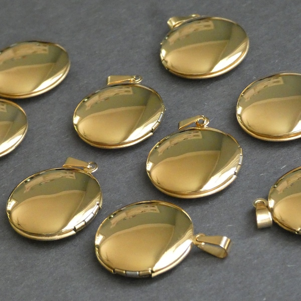 23mm Stainless Steel Locket Pendant, Gold Circle Pendant, Flat Round, Custom Jewelry, DIY Basic Photo Locket Charms, Shiny Golden Charm