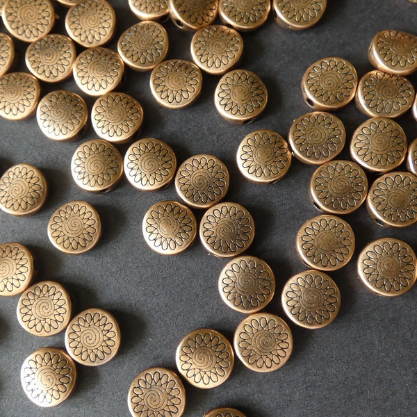50 PACK 8.5mm Red Copper Alloy Metal Bead, Flat Round, Tibetan Style, Antiqued Metal Spacer Bead, Round Spacers, Aztec Pattern, Round Bead