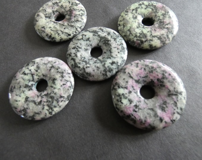 35mm Natural Ruby In Zoisite Donut Stone, Purple & Green, Polished, Natural Gemstone Donut Component, 7mm Hole, Wire Wrapping Mineral Stone