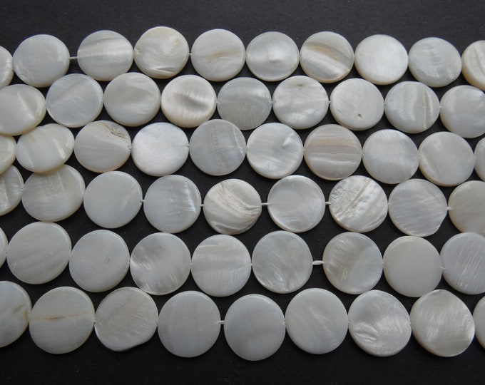 16 Inch 20mm Freshwater Shell Bead Strand, About 15 Beads Per Strand, White, Drilled Seashell, Flat and Round, 1mm Hole, White Shells