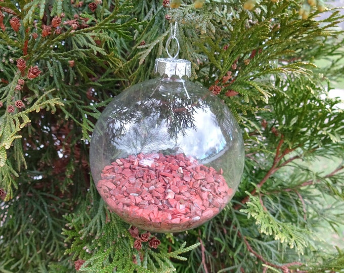 Handmade Glass & Natural Red Jasper Gemstone Christmas Ornament, Glass Globe, Silver Nylon Cord, Red Crystal Chips Inside!, Jasper Crystals