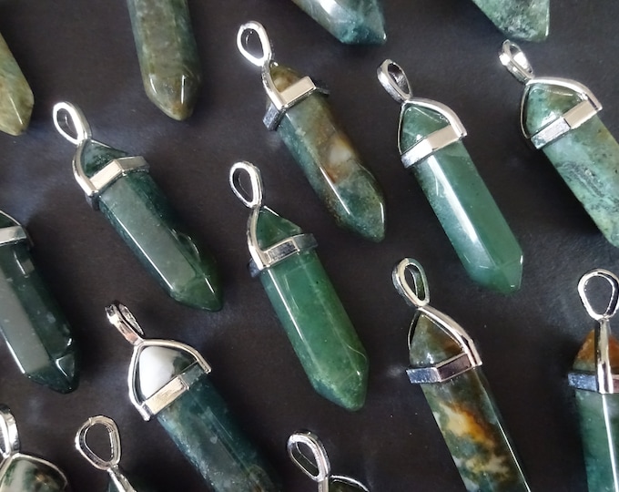 40mm Natural Moss Agate Pendant With Alloy Bail, Faceted, Bullet Shaped, Polished Gem Charm, Gemstone Jewelry Pendant,  Green Bullet