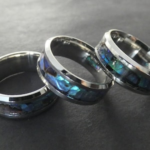 201 Stainless Steel & Shell Ring, Handcrafted Steel Band, Silver, Green and Blue, Shell Ring, Opalescent Shell Band, Women and Men&#39;s Jewelry