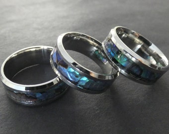 201 Stainless Steel & Shell Ring, Handcrafted Steel Band, Silver, Green and Blue, Shell Ring, Opalescent Shell Band, Women and Men's Jewelry