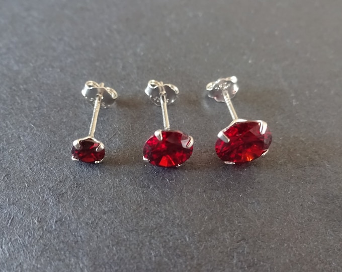 Sterling Silver 4-7mm Four Pronged Cubic Zirconia Stud Earrings, Hypoallergenic, Red & Silver, Set Of Earrings, Red Earrings, Crystal Studs