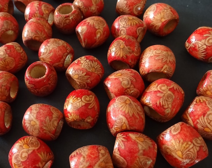 16x14mm Dyed Wooden Floral Printed Beads, Flower Printed Design Wood Beads, Round, Large 7.5mm Hole, Barrel Design Beads, Floral Wood Beads