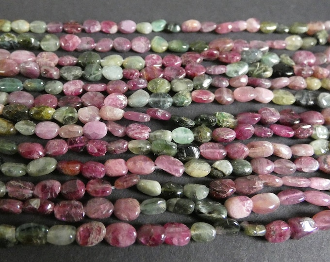 13 Inch 5x2mm-7x4mm Natural Multi-Tourmaline Bead Strand, About 65 Beads, Flat Ovals, Pink and Green Stone, Drilled Tourmaline, Polished