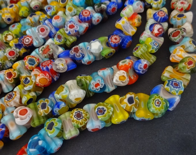10.5 Inch Strand Of 10.5-11mm Glass Millefiori Heart Tube Beads, About 50 Glass Millefiori Beads, Mixed Lot, Lampwork Bead, Heart Spacers