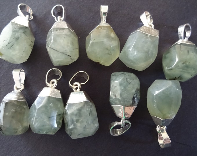 19-21mm Natural Prehnite Charm With Brass Loop, Faceted Drop, Polished Gem, Gemstone Jewelry Pendant, Green Prehnite With Silver Metal
