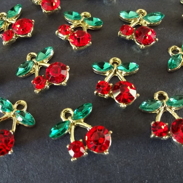 5 PACK Of 14mm Alloy Metal Cherry Pendants with Glass Rhinestones, Cherry Charm, Green and Red Rhinestones, Metal Cherries Pendant,