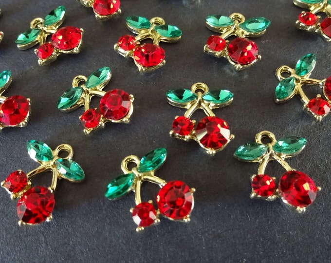 5 PACK Of 14mm Alloy Metal Cherry Pendants with Glass Rhinestones, Cherry Charm, Green and Red Rhinestones, Metal Cherries Pendant,