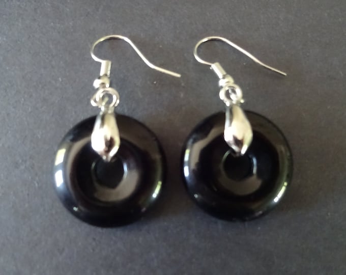 Natural Black Obsidian Donut Earrings With Brass Hooks, Fish Hook Earring, Set Of Earrings, Obsidian Stones, Gemstone Earrings, 41mm Long