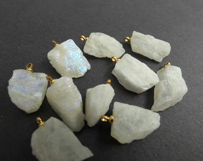 18-38mm Natural Moonstone Pendant With Brass Loop, Free Form Shaped, Polished Druzy, Gemstone Jewelry Pendant, Translucent White & Gold
