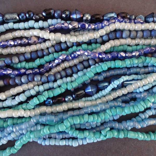150 Inches of 2-6mm Mixed Glass Bead Strand, About 1000 Beads, Blue Glass Beads, Mixed Shades of Blue, Shape & Size, Glass Bead Mixed Lot