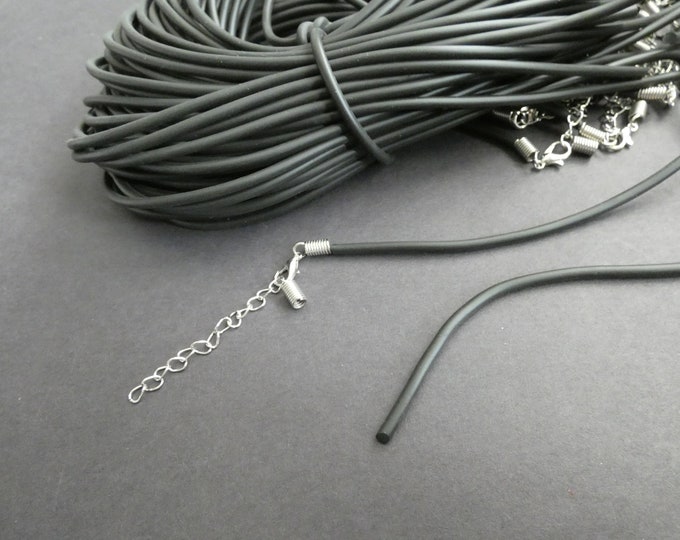 17 Inch Rubber & Iron Necklace Cord, With Clasp and Extender Chain, Basic Black and Silver Cords, 3mm Thick, DIY Jewelry Making, Lightweight