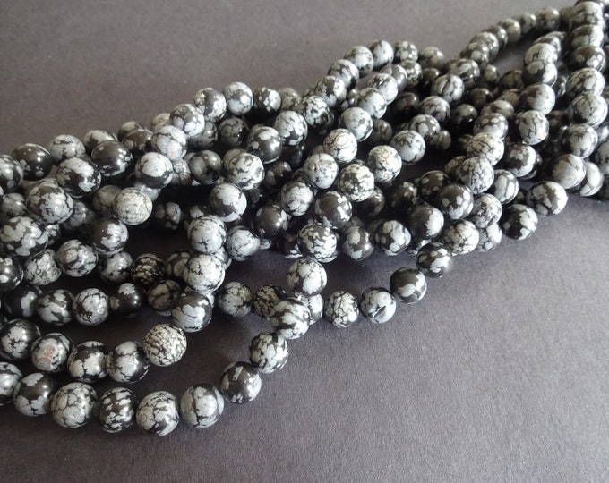 8.5mm Natural Snowflake Obsidian Ball Bead, 15.5 Inch Strand Of About 47 Beads, Gray and Black Obsidian Bead Strand, Marble Pattern