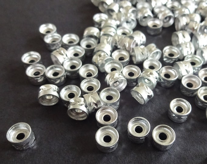 6x4mm Aluminum Short Barrel Beads, Metal Spacers, With Diamond Cut Pattern, Silver Color, Jewelry Making, Lot of Spacer Beads, 2mm Hole