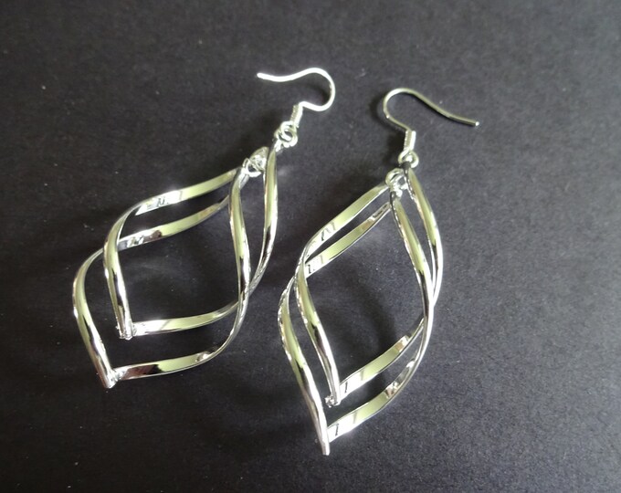 Brass Dangle Earrings, Silver Color Metal, Fish Hook Style, Twisted Looped Design, Dangling Pair Of Earrings For Pierced Ears, Women's