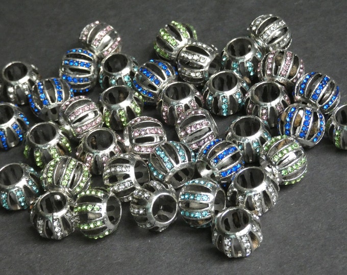 10 PACK of 12mm Rhinestone Ball Beads, Metal with Rhinestone Bead, Round Bead with Rhinestone, European Style with 6mm Hole, Cut Out Pattern