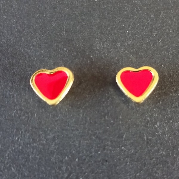 Stainless Steel & Enamel Heart Stud Earrings, Gold and Red, Hypoallergenic, 7.5mm, Set Of Earrings, Heart Earrings, Valentine's Day Studs