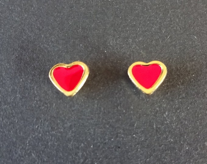 Stainless Steel & Enamel Heart Stud Earrings, Gold and Red, Hypoallergenic, 7.5mm, Set Of Earrings, Heart Earrings, Valentine's Day Studs