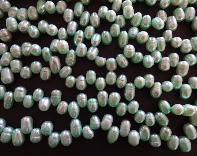 15 Inch Strand 4-5mm Cultured Freshwater Pearl Beads (dyed), About 50 Beads, Light Green Pearl, 5-6mm Flat Sided Potato, Green Colored Pearl