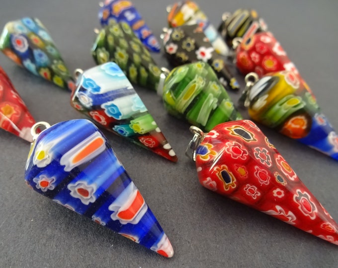2 PACK OF 39-40mm Millefiori Glass Cone Pendants With Iron Loops, Mixed Colors, Millefiori Charm, Floral Pendant, Millefiori Bullet Charms