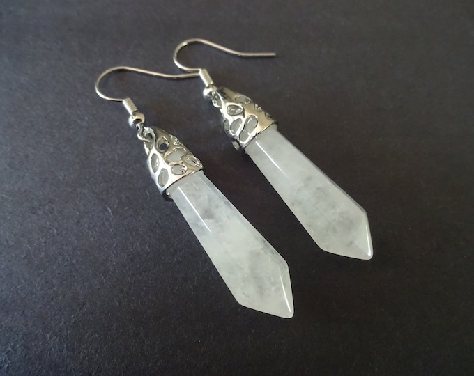 Natural Quartz Bullet & Metal Hook Earrings, Hypoallergenic, Dangle Fish Hook Earring, Set Of Earrings, Clear Crystal Gemstone Earrings