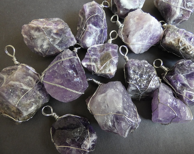 45-50mm Natural Amethyst Pendant With Brass Wire Wrapping, Polished Gem, Purple & Silver Charms, Gemstone Jewelry, Amethyst Crystal Charm
