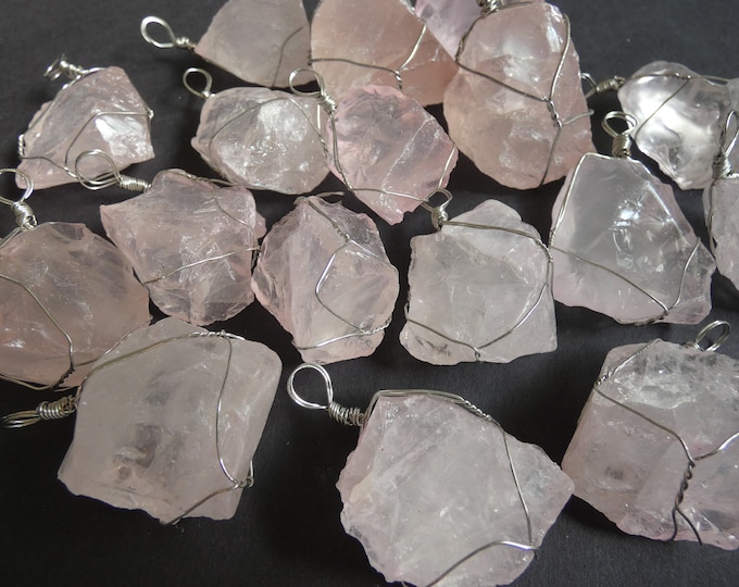 45-50mm Natural Rose Quartz Pendant With Brass Wire Wrapping, Polished Gem, Pink & Silver Charms, Gemstone Jewelry, Quartz Crystal Charm